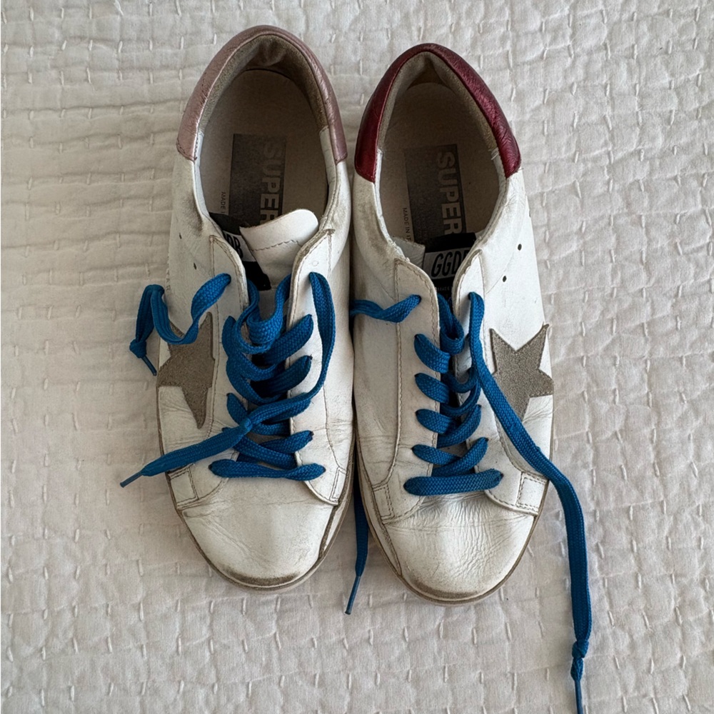 Size 40 Golden Goose Sneakers with Metallic Red and Pink Backs and Blue Laces